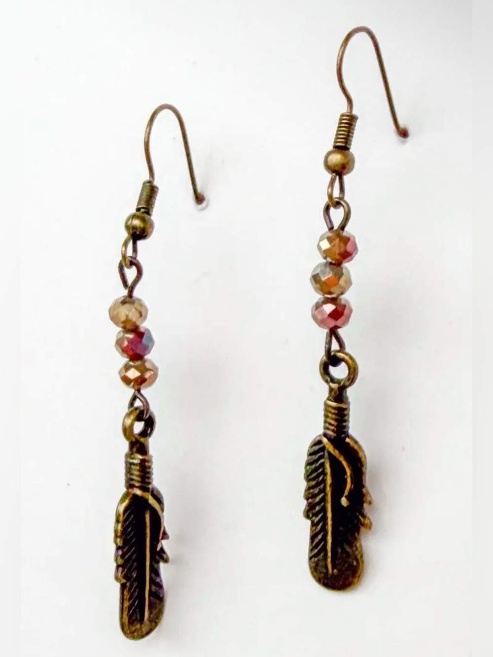 Braelyn Bronze Feather Drop Earrings with Pink-Beige Beads
